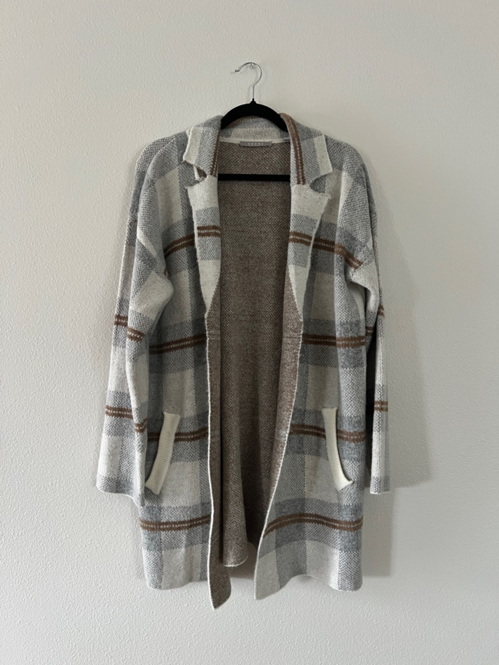 Cyrus Plaid Open-Front Cardigan in Cream, Gray & Brown